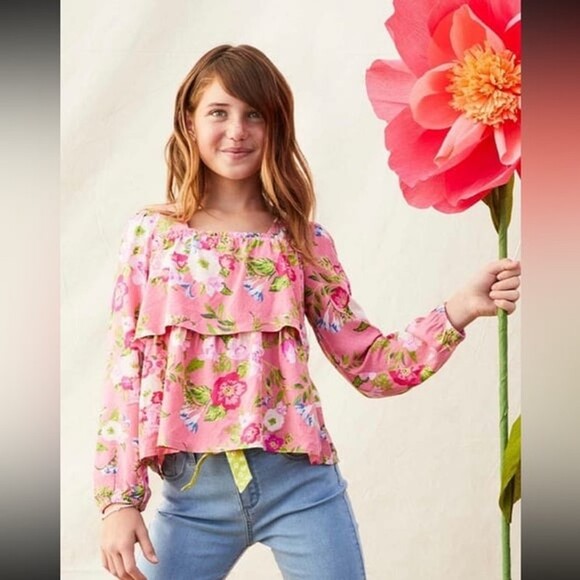 Matilda Jane Other - Matilda Jane Girls Always Blooming Pink Floral Ruffle Top 8